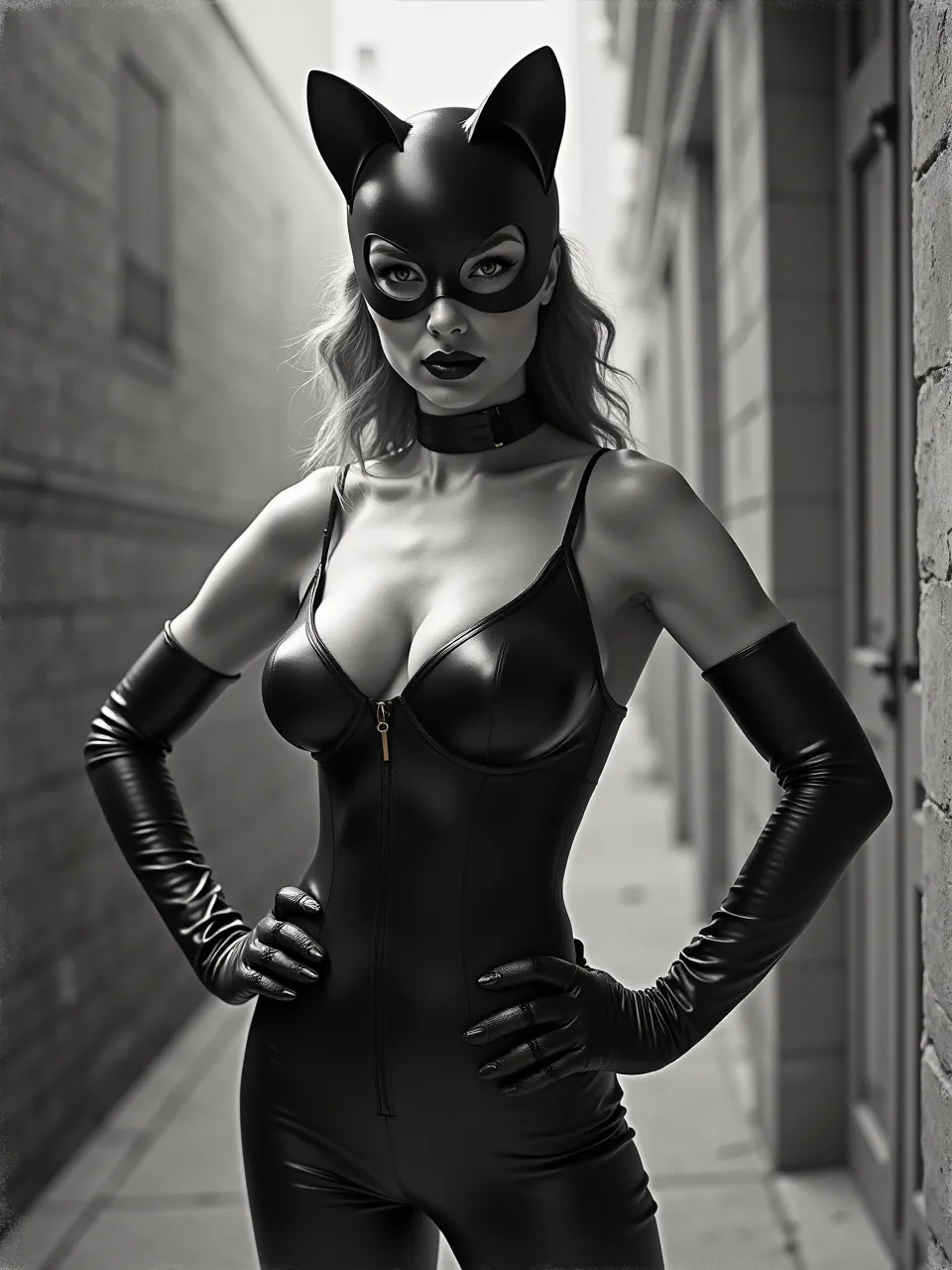 Guy Denning's distinctive style captures Catwoman. Dramatic lighting highlights sleek leather textures and a gritty environment, masterfully rendered through a powerful monochromatic artistic medium.