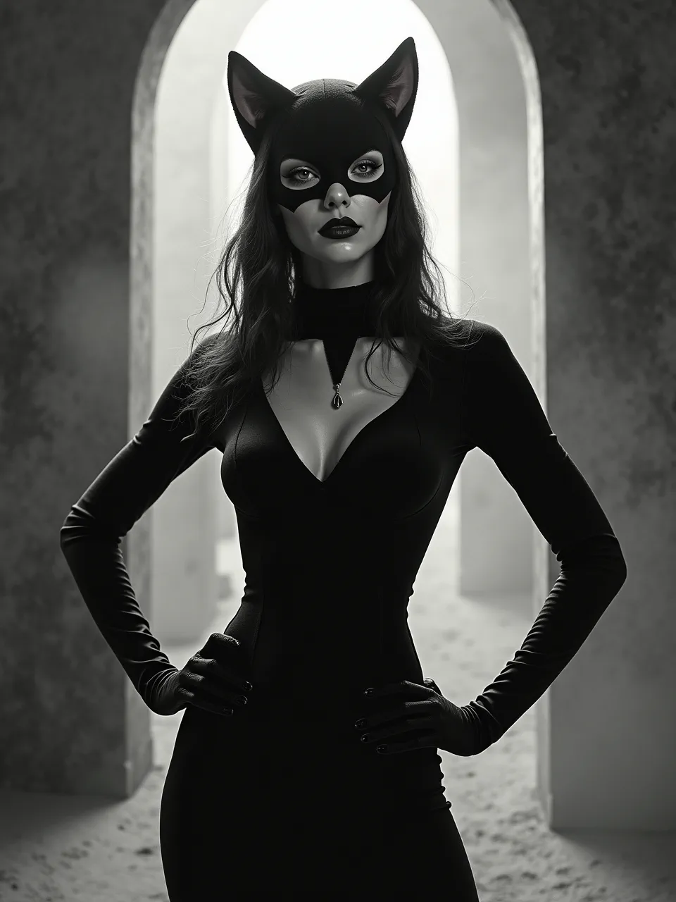 This Flux AI generation presents a haunting H.P. Lovecraft-styled Catwoman. Stark chiaroscuro lighting and raw, gritty textures create a terrifying, immersive monochrome digital artwork.