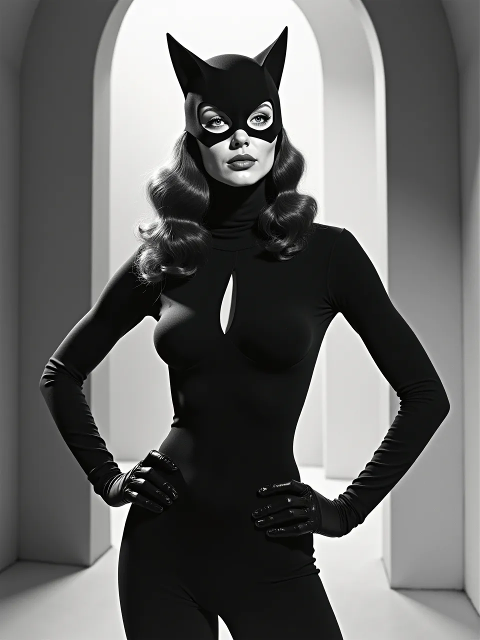 This striking Flux AI generation of Catwoman in Hal Foster's style features masterful chiaroscuro lighting, accentuating sleek suit and glossy glove textures within a stunning monochromatic digital illustration.