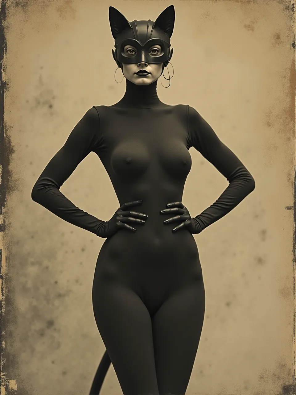 This Hannah Höch-style Catwoman features stark lighting illuminating smooth, modern textures within a distressed digital photomontage. A powerful, iconic AI art generation capturing the avant-garde aesthetic.