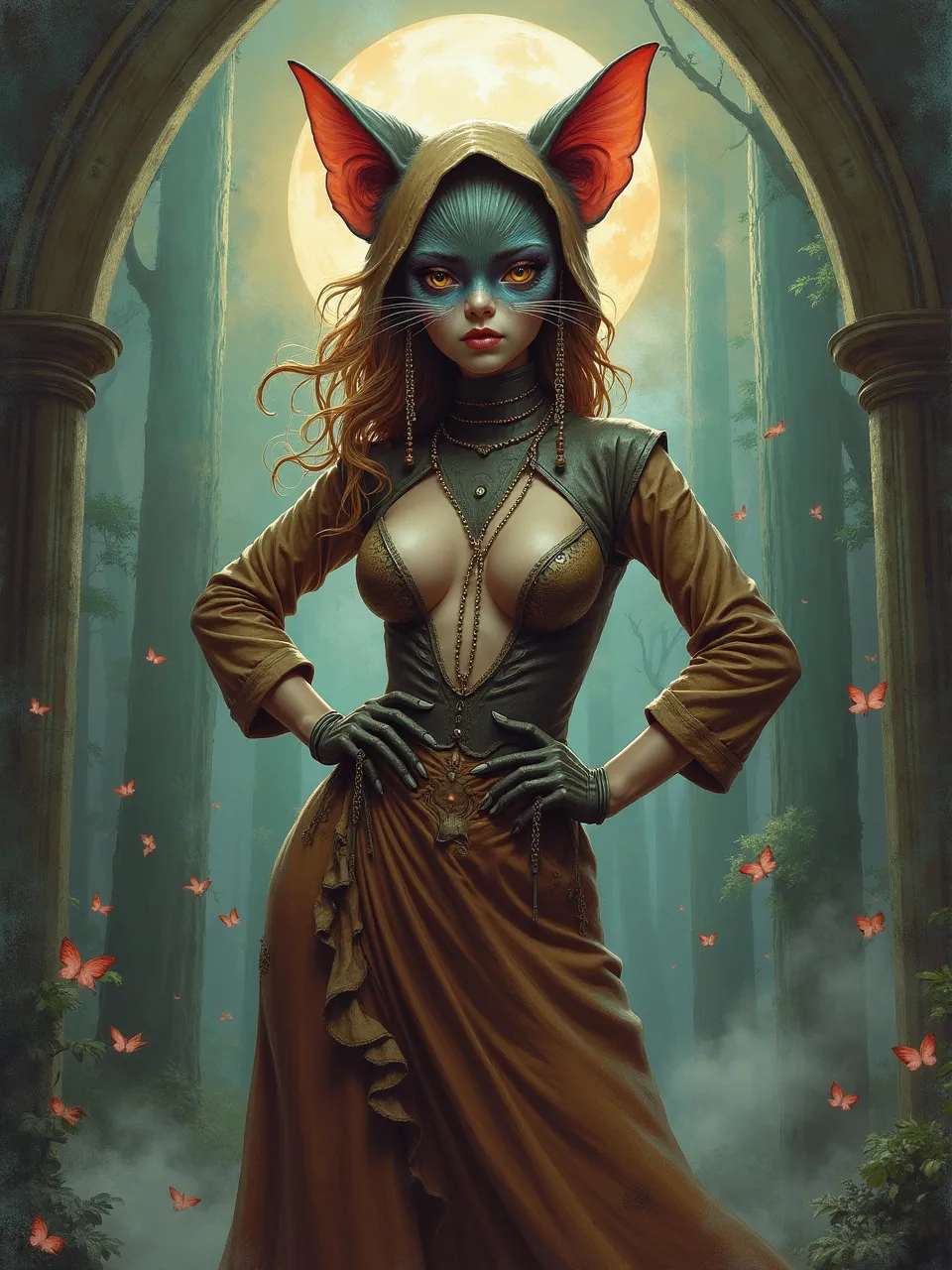 This Flux AI generated Catwoman, inspired by Hannah Yata's distinctive style, showcases stunning painterly digital art, dramatic backlighting, and rich textures on fur, leather, and mystical flowing garments.