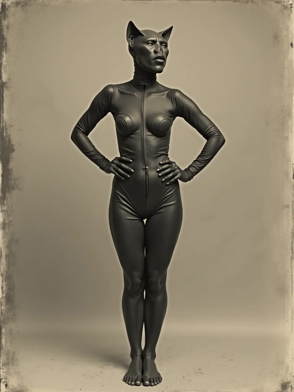 This striking Catwoman generation, in Hans Bellmer's unsettling style, features diffused lighting on sleek latex textures and doll-like skin. A vintage sepia photographic medium enhances its surreal allure.