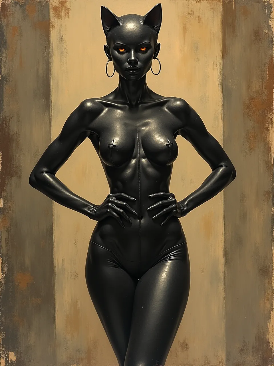 This striking Catwoman, in Hans Erni's graphic style, features dramatic lighting emphasizing sleek, reflective textures. Rendered as a high-contrast painterly artwork, it's an AI-generated masterpiece.