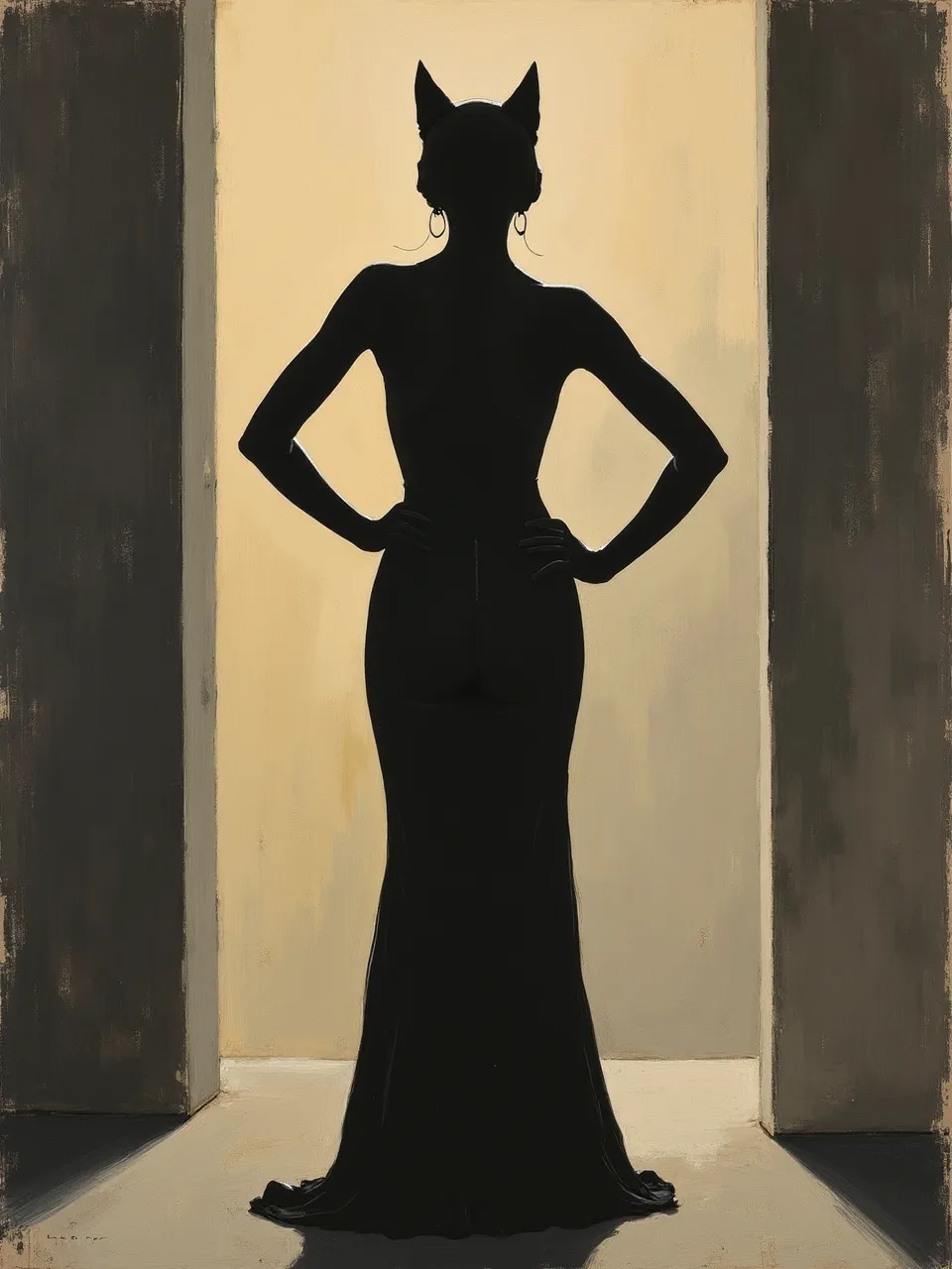 This Hans Hartung-style Catwoman oil painting. Dramatic backlighting emphasizes a bold silhouette against textured, brushstroked walls. Lighting and rich painterly textures convey the enigmatic character's allure.