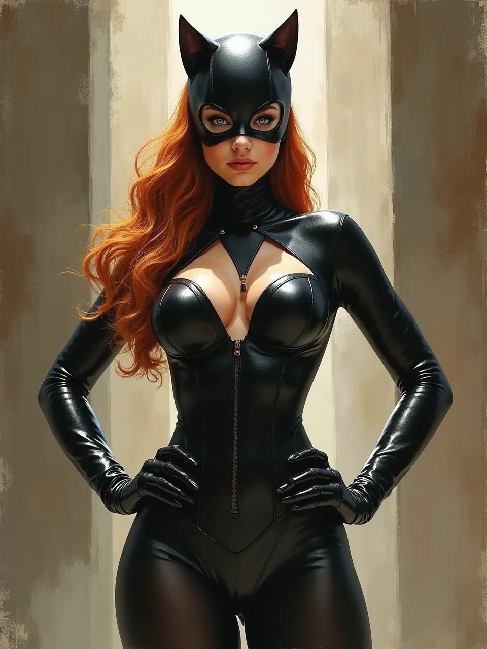 This Catwoman AI artwork masterfully embodies Hans Makart's opulent oil painting style. Dramatic lighting illuminates her sleek leather textures, creating a sensual, richly detailed digital fine art portrayal.