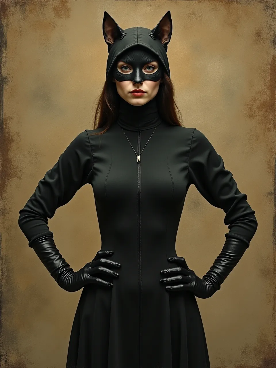 This striking Catwoman generation, influenced by Hans Memling's classical oil painting style, features subtle lighting illuminating rich fabric and sleek leather textures, defining this compelling AI artwork.