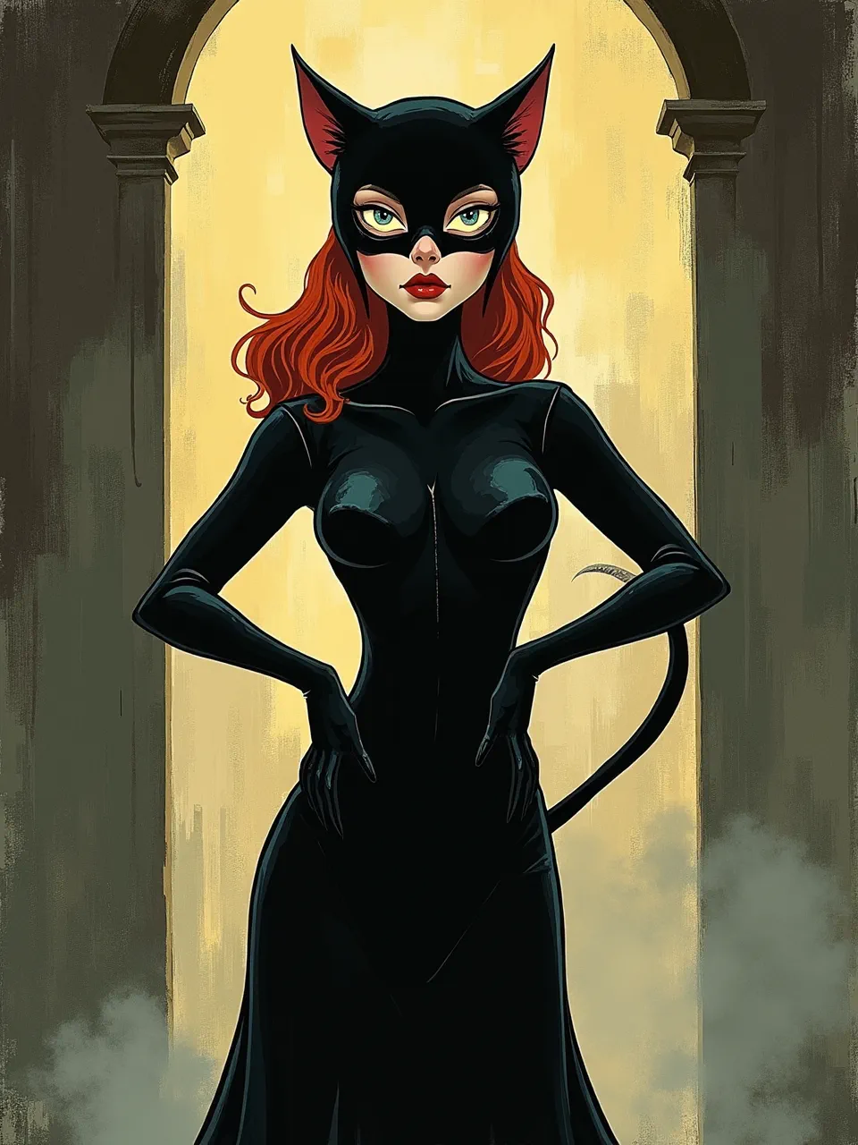 Experience Catwoman reimagined in vibrant Harry Clarke style. Dramatic backlighting illuminates sleek textures, resembling a digital stained-glass illustration, capturing her enigmatic allure with striking artistry.