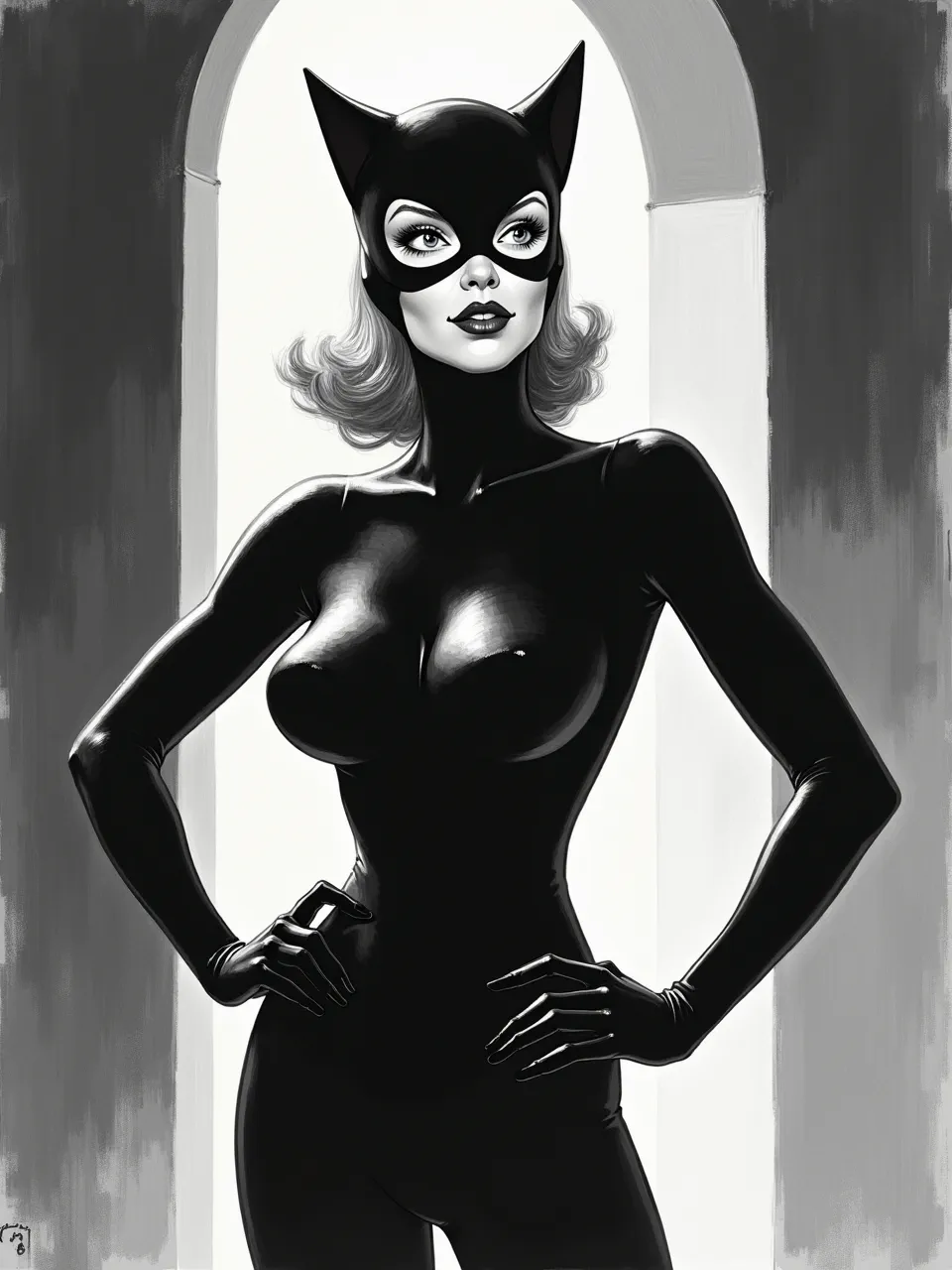 This striking Catwoman digital illustration, influenced by Harvey Kurtzman, masterfully uses dramatic backlighting, glossy vinyl textures, and bold grayscale comic artistry to create a captivating image.