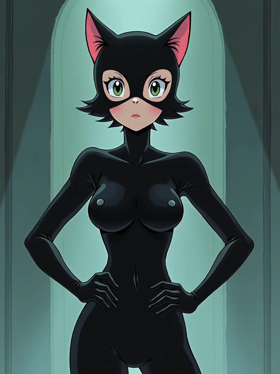 This striking Hayao Miyazaki-style Catwoman AI art features soft, atmospheric lighting illuminating slick bodysuit textures, creating a captivating digital painting with classic anime charm.