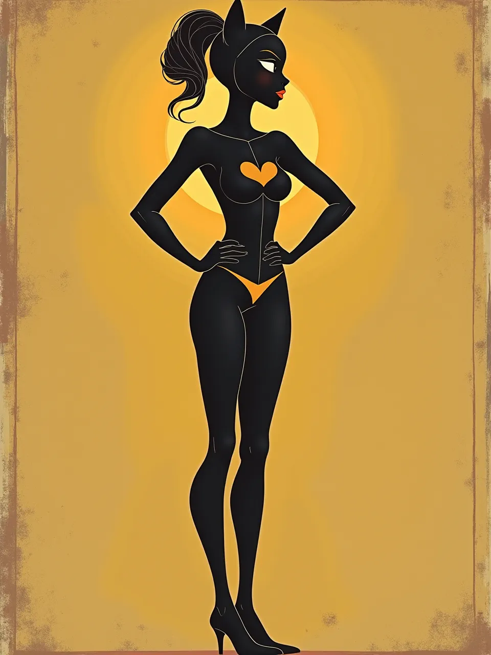 This Hayv Kahraman-inspired Catwoman illustration features stark silhouette lighting. Flat, smooth textures define this minimalist digital art, evoking a vibrant screen print aesthetic.