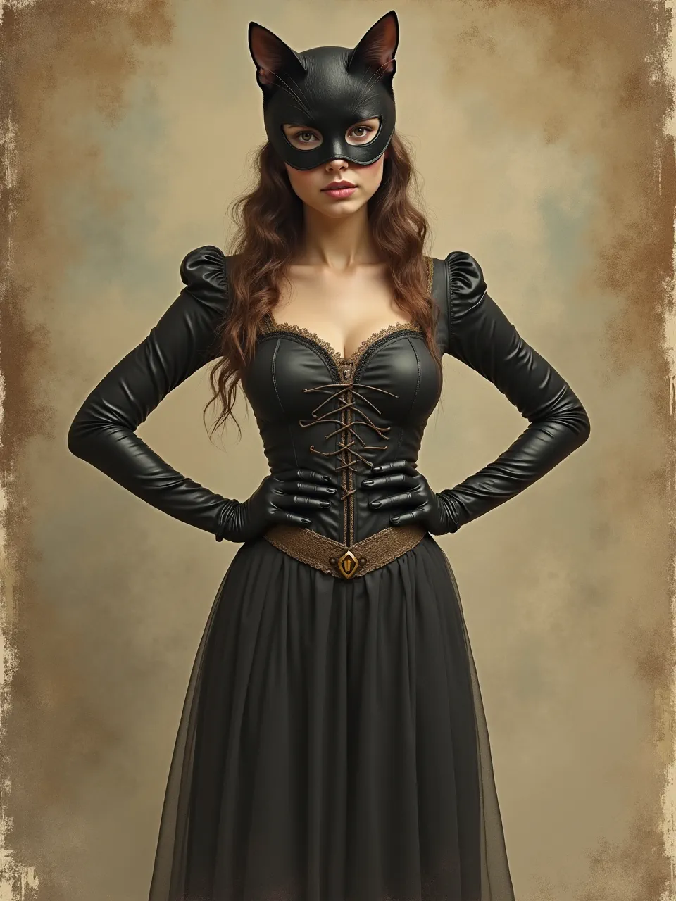 This Flux AI image captures Catwoman in Helen Allingham's watercolor painting style. Soft, diffused lighting enhances rich leather and flowing fabric textures in this captivating digital artwork.