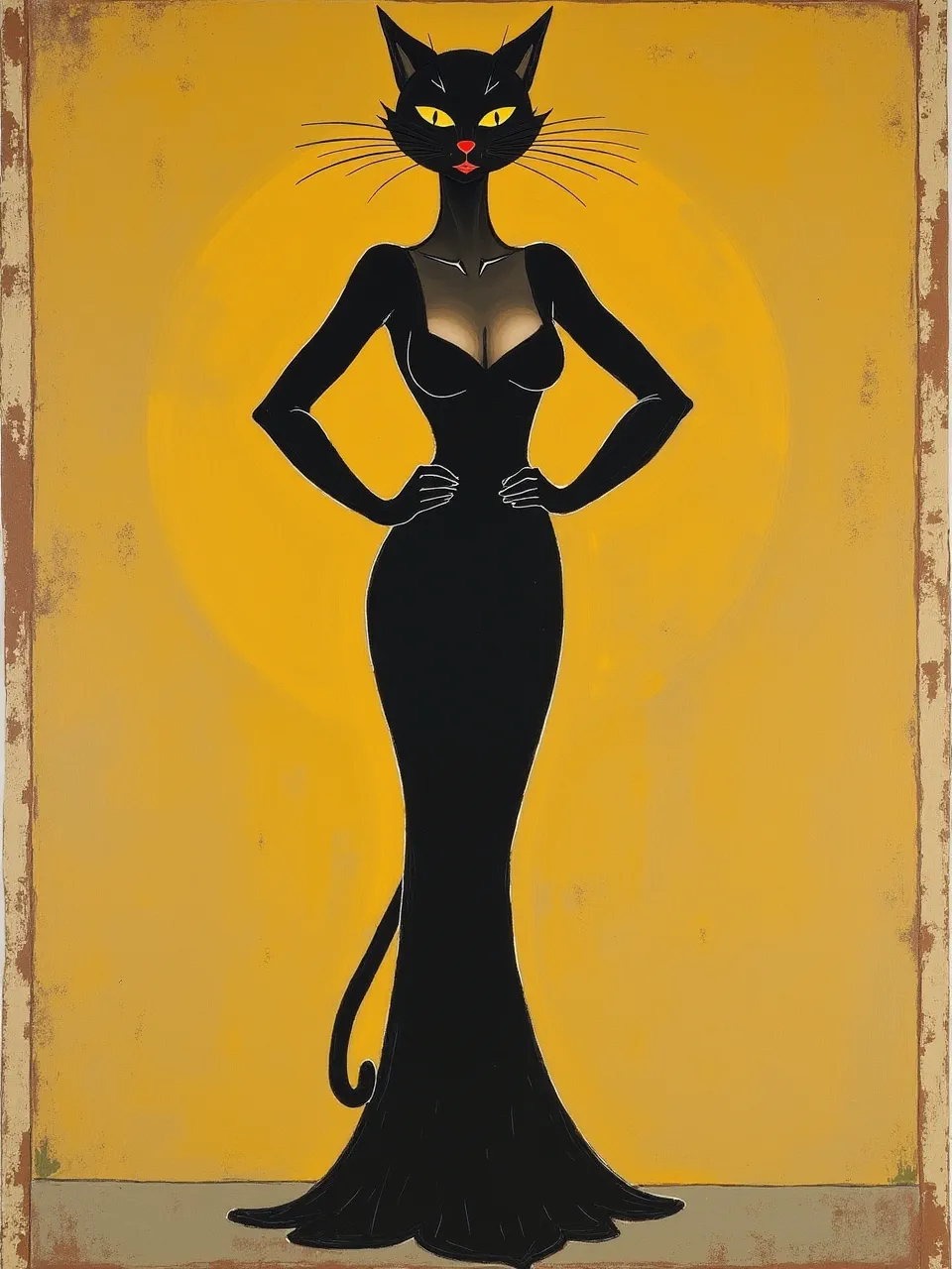 Henri de Toulouse-Lautrec's poster style illuminates Catwoman with dramatic flat lighting. Graphic lithographic textures and smooth contours define this vibrant painting.