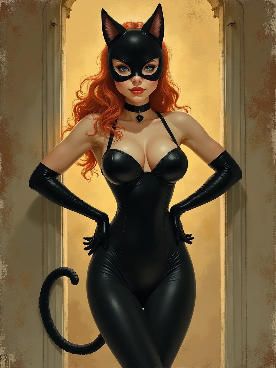 Flux AI presents Catwoman in Henri-Edmond Cross's style. Luminous lighting highlights her glossy suit textures, creating a vibrant, painterly Neo-Impressionist digital art piece.
