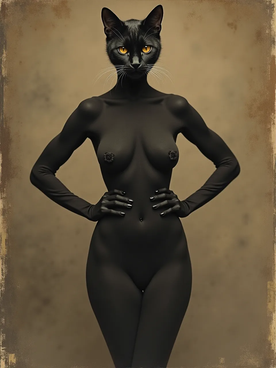Henri Fantin-Latour-inspired Catwoman AI art: exquisite soft lighting reveals subtle fur and matte skin textures. This digital artistic medium creates a timeless portrait.