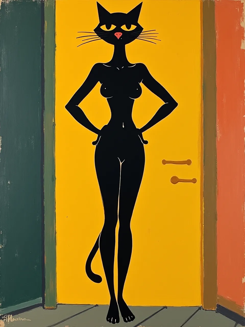 This Henri Matisse-inspired Catwoman AI painting features flat lighting and vibrant brushstroke textures in acrylic medium, creating a bold, minimalist artwork for modern art collectors.