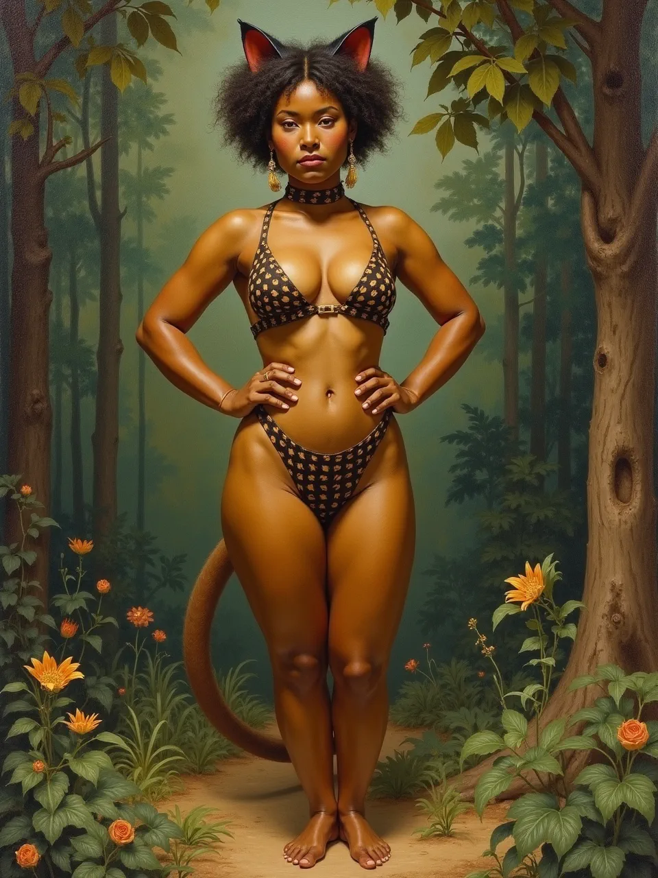 This captivating Catwoman, rendered in Henri Rousseau's vibrant oil painting style, features lush jungle textures and dramatic, dreamlike lighting, exemplifying the specific artistic medium.