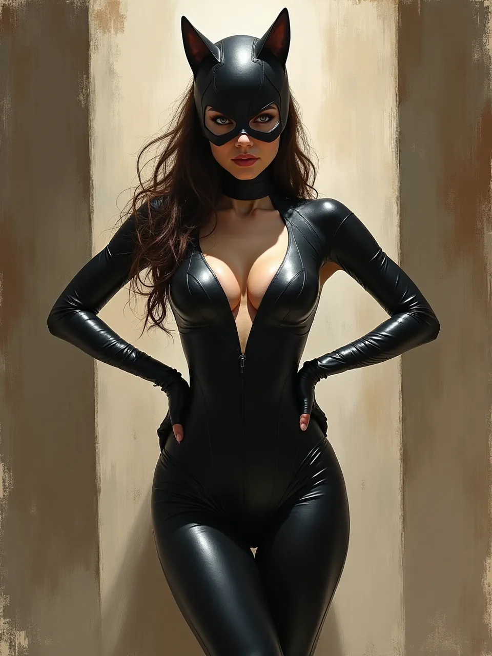 This Henry Asencio-inspired Catwoman generation by Flux AI features dramatic lighting emphasizing glossy leather textures and a rich, painterly mixed media aesthetic.