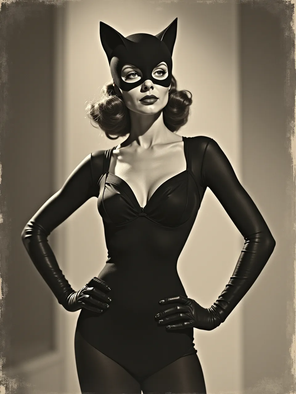 Henry Clive-inspired Catwoman AI art. Dramatic lighting accentuates sleek leather textures and soft skin. This captivating digital illustration skillfully captures the vintage pin-up artistic medium's essence.