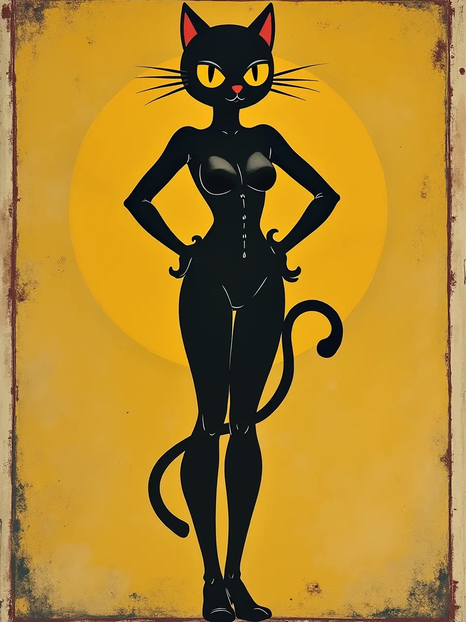 Henry Darger's influence renders Catwoman as a stark, flat digital illustration. Bold lighting, distressed textures, and aged mixed media create a unique, vintage poster aesthetic.