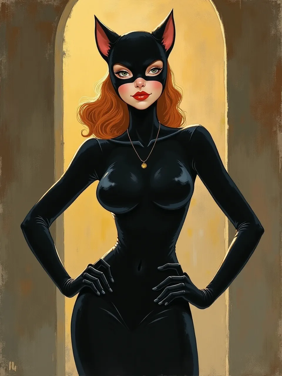 This Flux AI image masterfully blends Henry Moret's radiant brushwork, illuminating Catwoman's sleek textures. The atmospheric oil painting showcases dramatic backlighting, capturing her allure with expressive, painterly strokes.