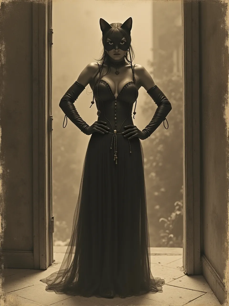 This Catwoman generation, influenced by Henry Ossawa Tanner, features dramatic chiaroscuro lighting, rich leather and sheer fabric textures, rendered with a painterly sepia tone, echoing classical oil artistry.