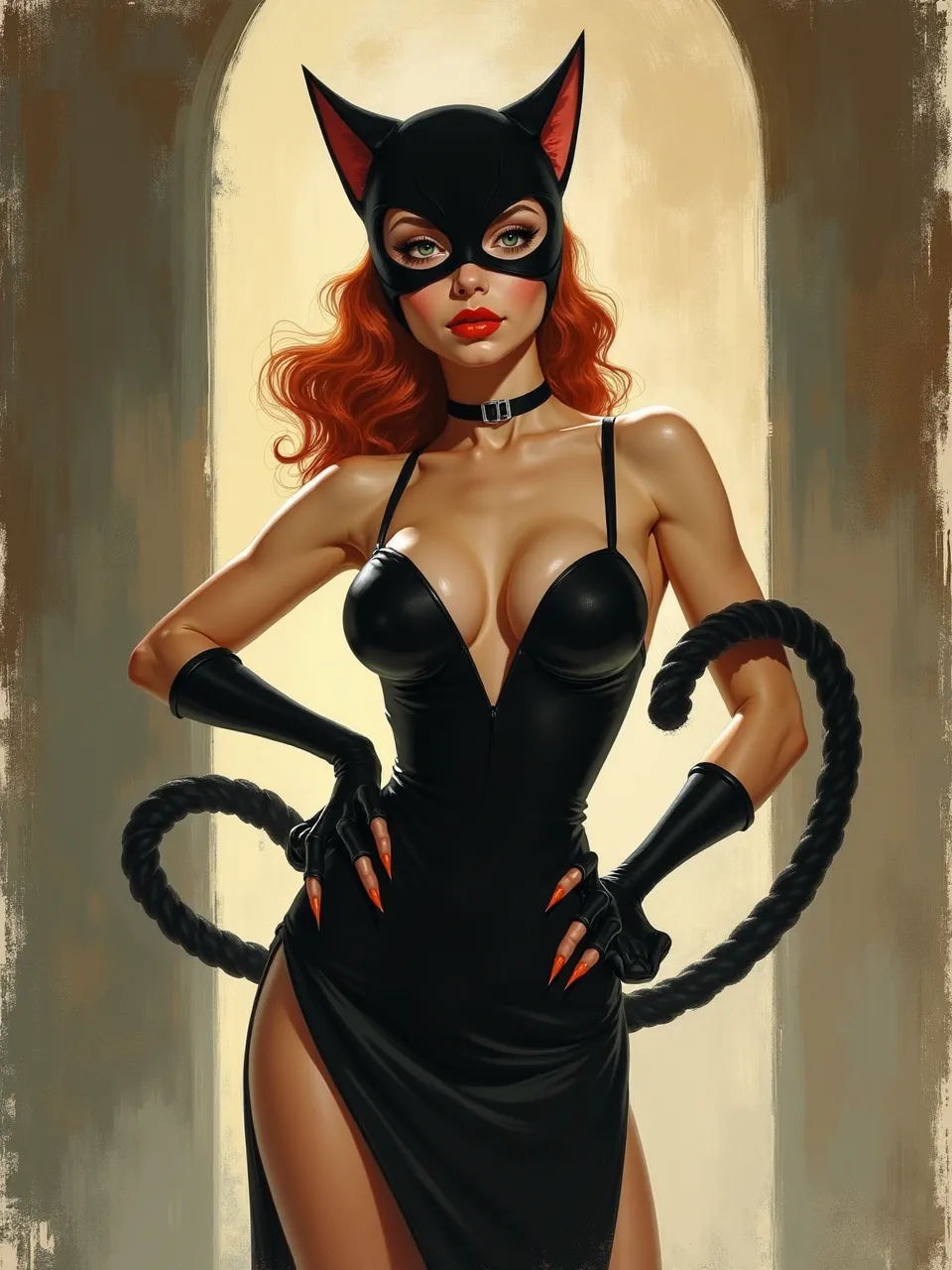 This striking Catwoman illustration, in Henry Raleigh's iconic style, features dramatic lighting sculpting shiny leather textures and vibrant skin tones through a rich, painterly digital medium.