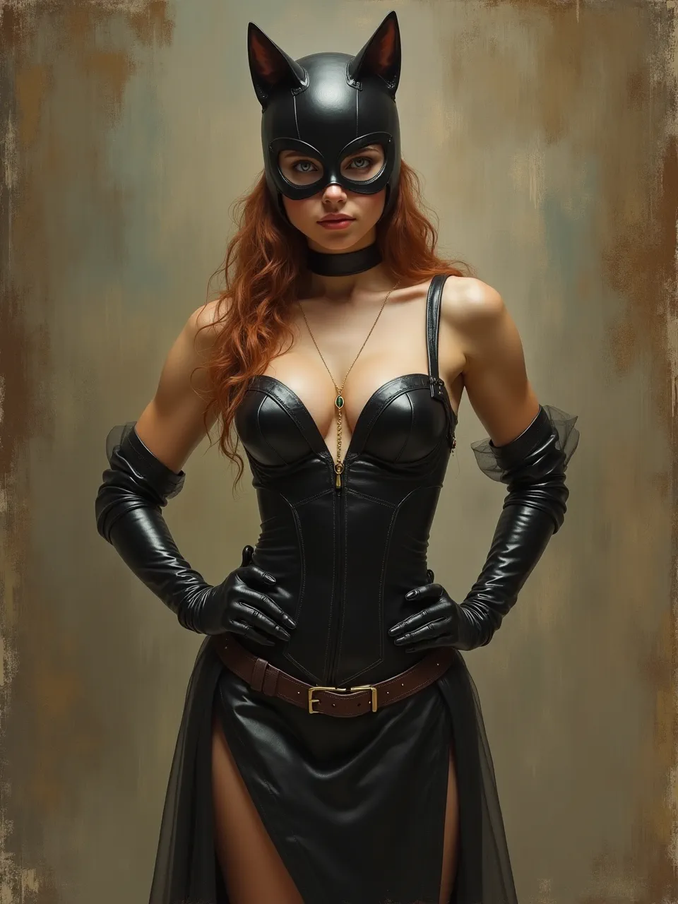 This Henryk Siemiradzki-style Catwoman portrait features dramatic oil painting lighting and rich, detailed leather textures. This elegant digital artwork captures classic academic beauty and intricate costume design.