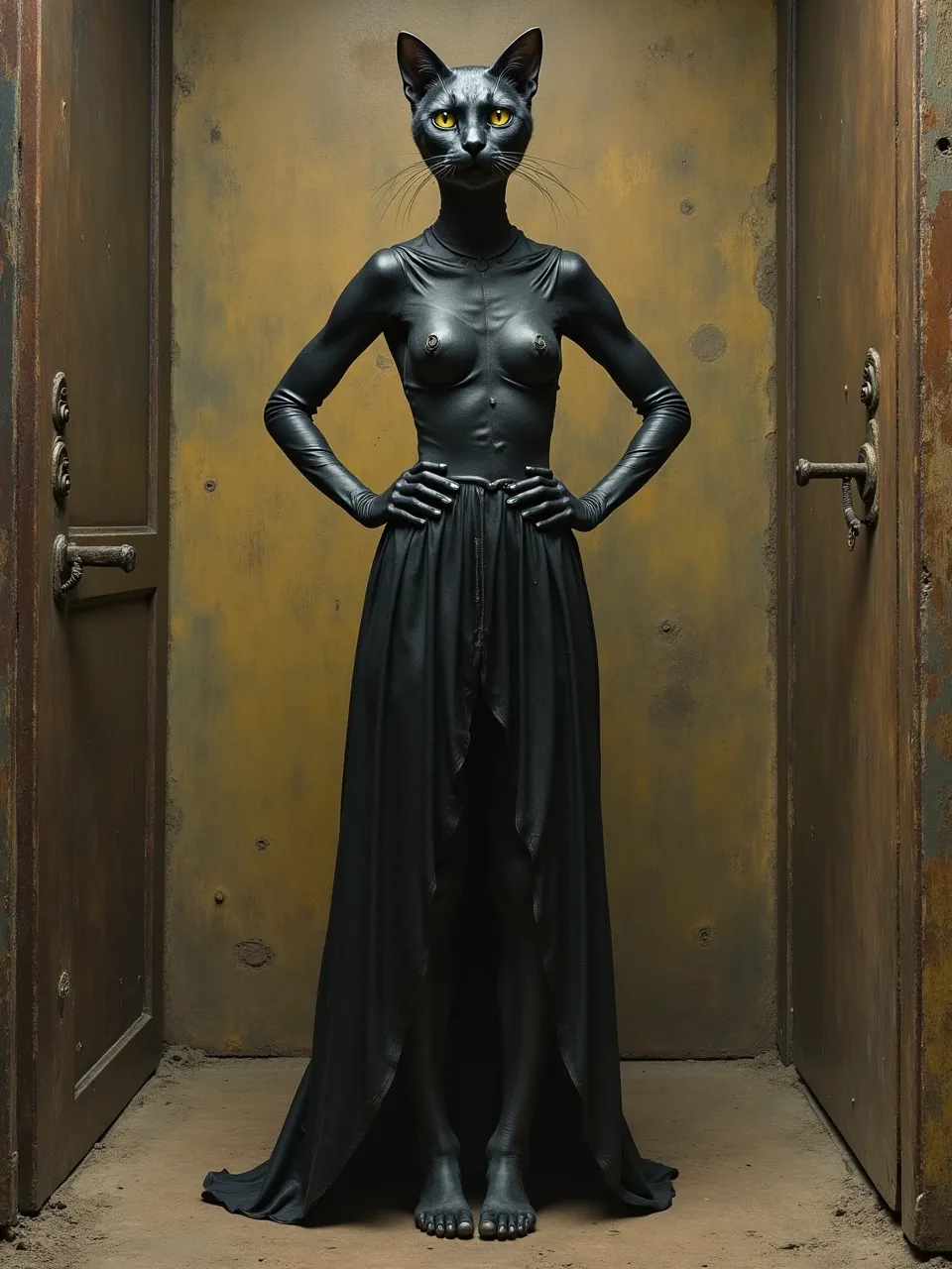 This Hieronymus Bosch-inspired AI digital painting reimagines Catwoman. Dramatic lighting sculpts gritty textures: her sleek, leathery suit and the weathered, industrial walls, achieving a dark, surreal aesthetic.