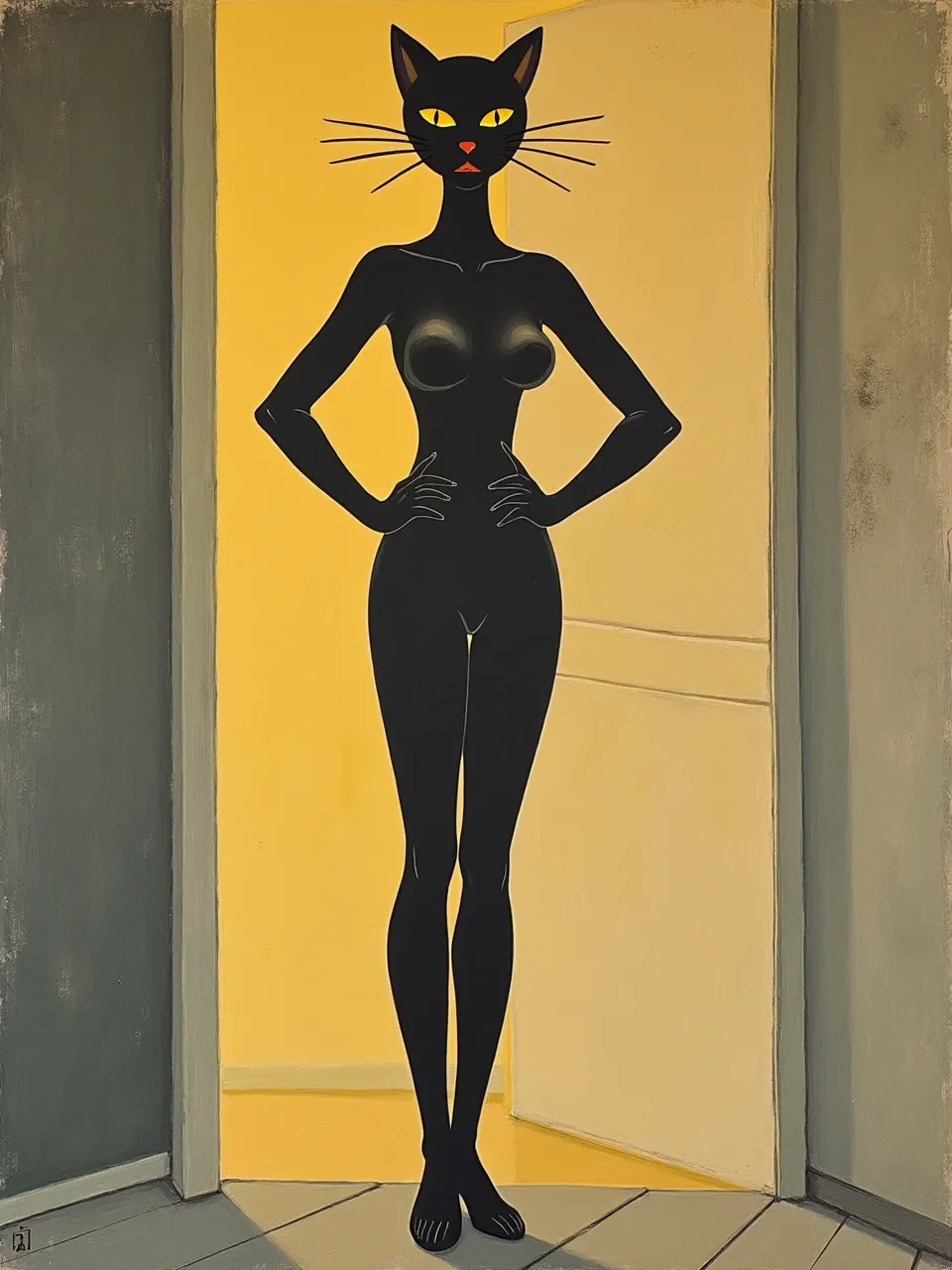 This Hilma af Klint-inspired Catwoman, rendered in vibrant, smooth acrylics, depicts her striking silhouette against radiant lighting. Minimalist textures and deep symbolism characterize this modern artwork.