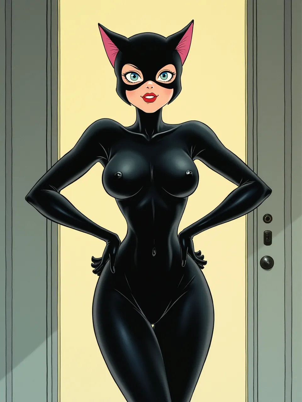 Catwoman reimagined by Flux AI in Hiroshi Nagai style. Sharp lighting illuminates sleek, glossy textures of her suit in this vibrant digital illustration.