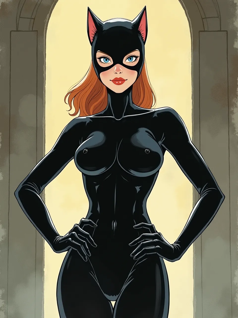 This Flux AI Catwoman image, in Hiroshi Yoshida's style, showcases striking lighting illuminating sleek latex textures. This unique woodblock print homage captures feline grace with precise digital artistry.