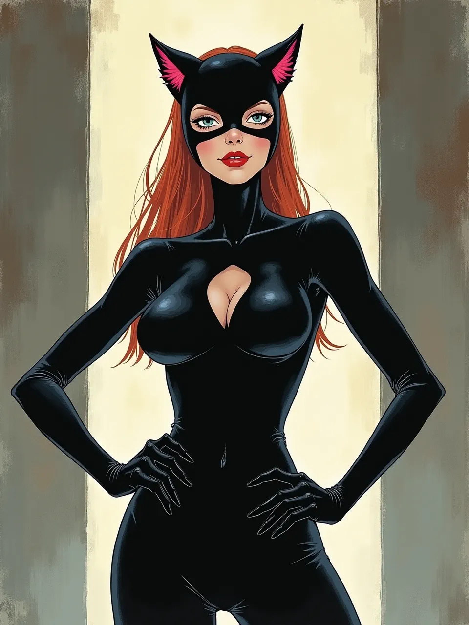 This Flux AI *Catwoman* generation, inspired by *Hiroyuki-Mitsume Takahashi*'s iconic style, features vibrant digital illustration with sleek, glossy textures and dramatic lighting. An alluring anime-inspired piece.