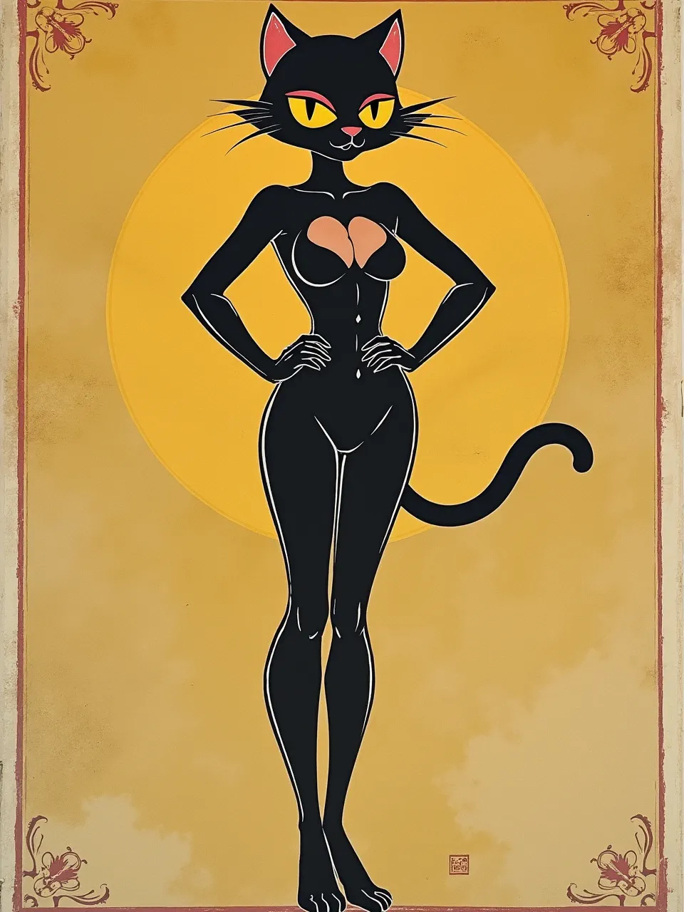 Hishikawa Moronobu's style reimagines Catwoman. Flat lighting and aged textures define this vibrant ukiyo-e woodblock print artistic medium, showcasing bold graphic forms.