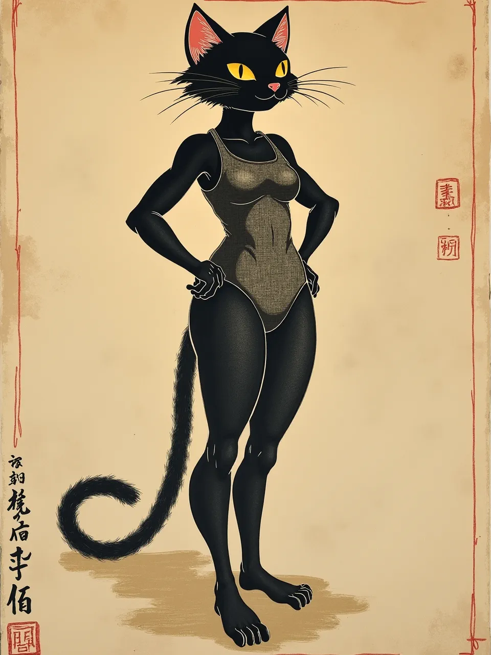 This Hokusai-inspired Catwoman art is a striking woodblock print. Flat, diffused lighting accentuates paper and textured fabric, achieving minimalist Ukiyo-e charm through meticulous digital rendering.