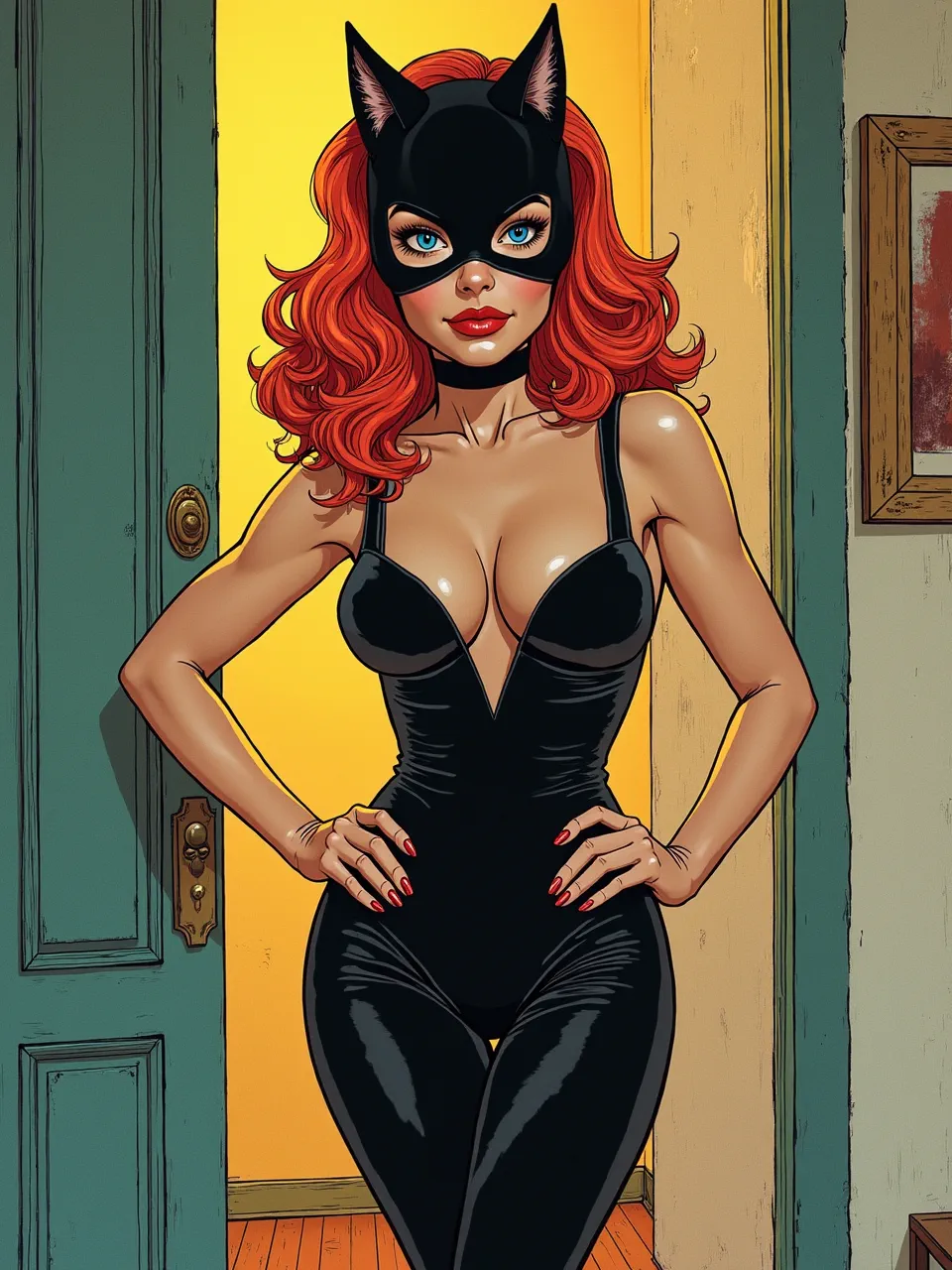 This Flux AI Catwoman, in Hope Gangloff's distinctive style, features bold outlines, vibrant hues, dynamic lighting, and glossy textures. A digital illustration masterpiece.