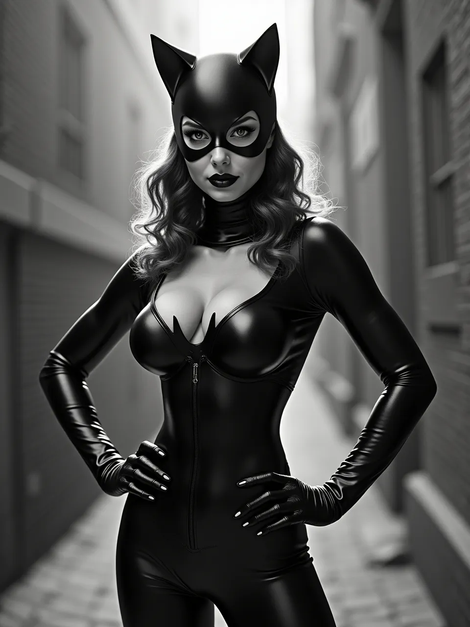 This captivating Catwoman portrait in Howard Terpning's evocative style features dramatic, realistic lighting, highlighting the sleek, detailed latex textures of this stunning digital painting.