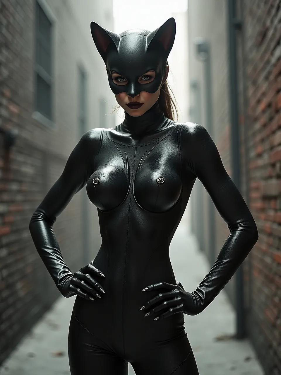 This Flux AI digital artwork reimagines Catwoman in HR Giger's style. Stark lighting accentuates glossy biomechanical textures and sculpted forms, creating a dark, futuristic, and uniquely surreal vision.