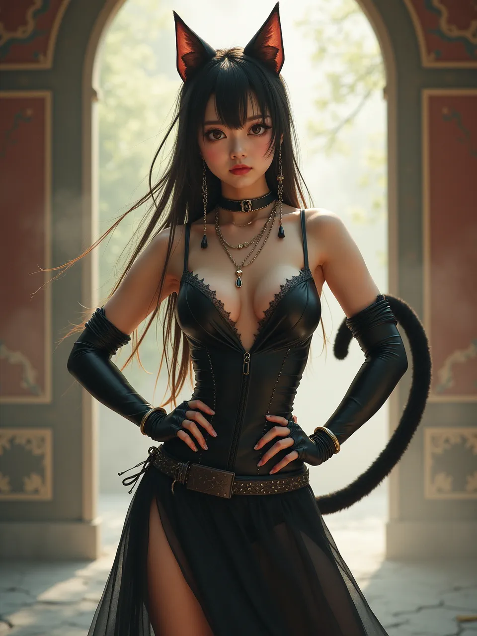 This stunning Flux AI art features Huang Guangjian's Catwoman, showcasing exquisite digital painting, evocative lighting, and intricate textures on glossy leather and sheer fabrics, achieving photorealistic elegance.