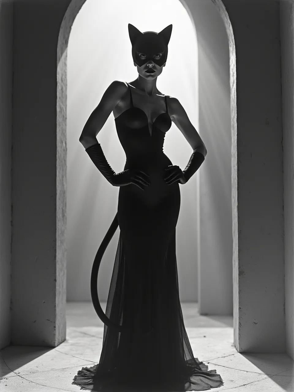 Experience Catwoman reimagined in striking Hugh Ferriss style. This AI art features dramatic chiaroscuro lighting, nuanced textures, and a classic architectural rendering aesthetic.