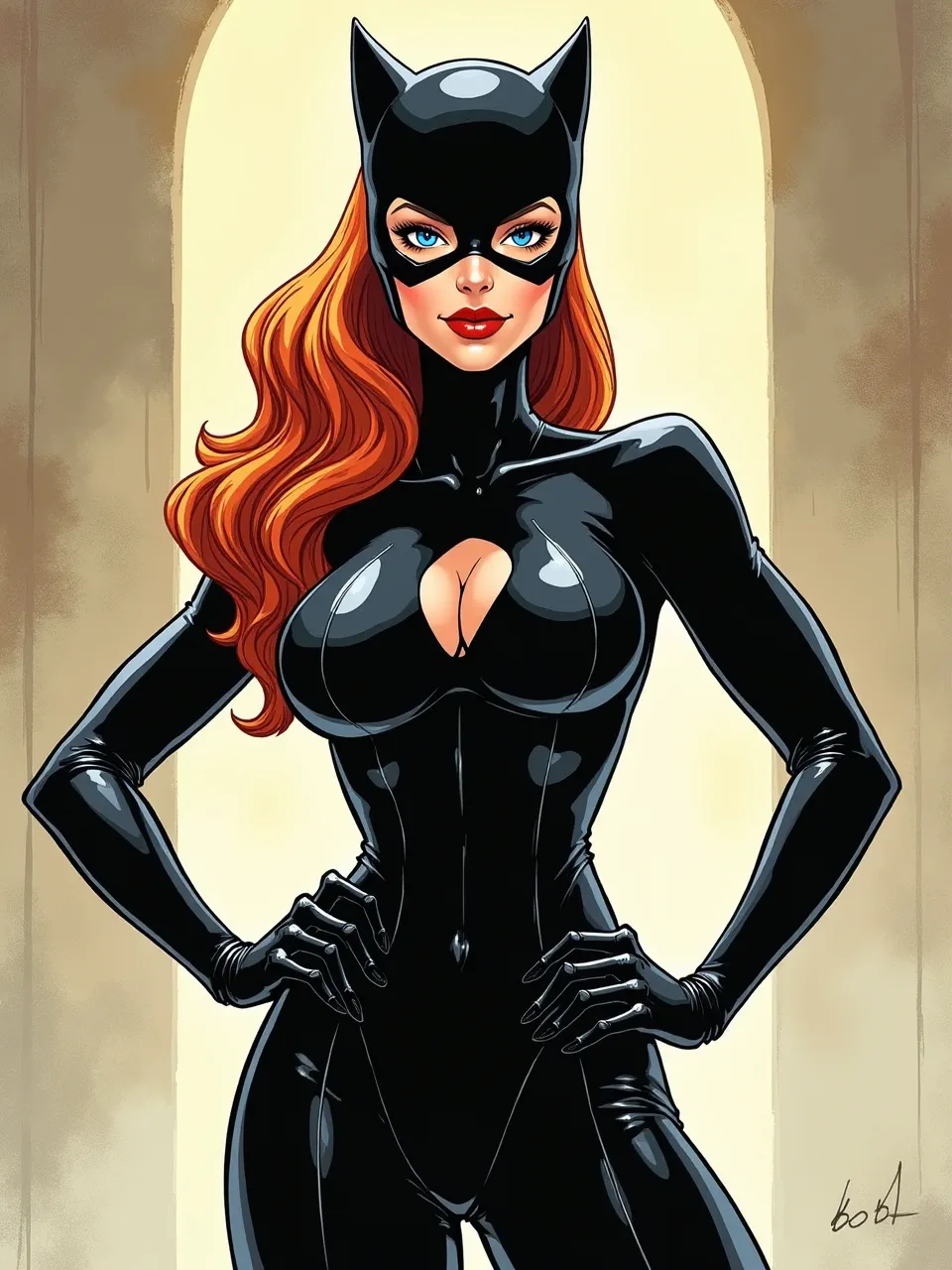 This Flux AI Catwoman artwork, in Humberto Ramos's signature comic style, features bold lighting emphasizing glossy, reflective textures, creating a striking digital illustration.