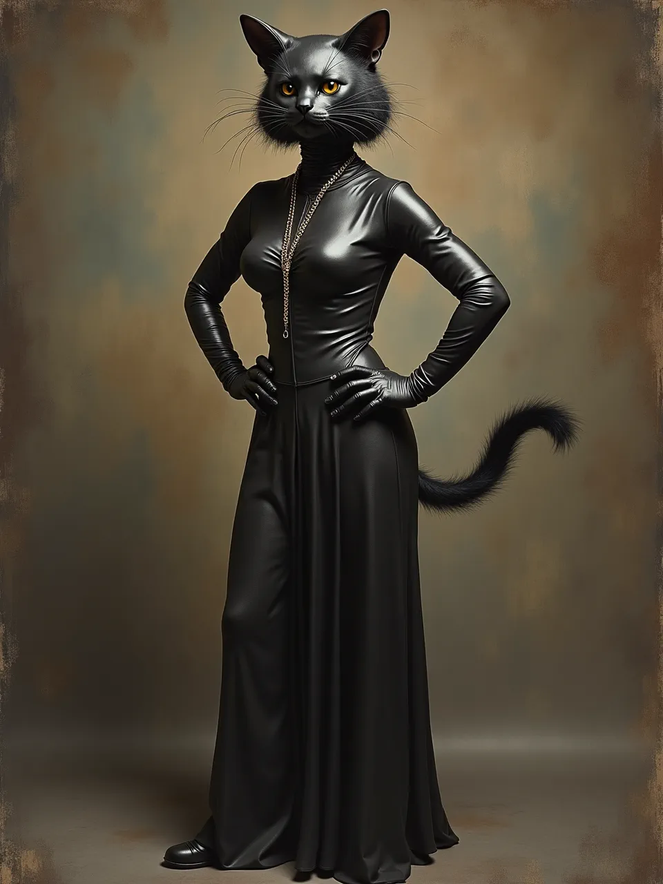 This stunning Flux AI image reimagines Catwoman in Hyacinthe Rigaud's opulent portraiture style. Dramatic lighting highlights exquisite leather and fur textures, masterfully rendered with an oil painting aesthetic, showcasing regal.