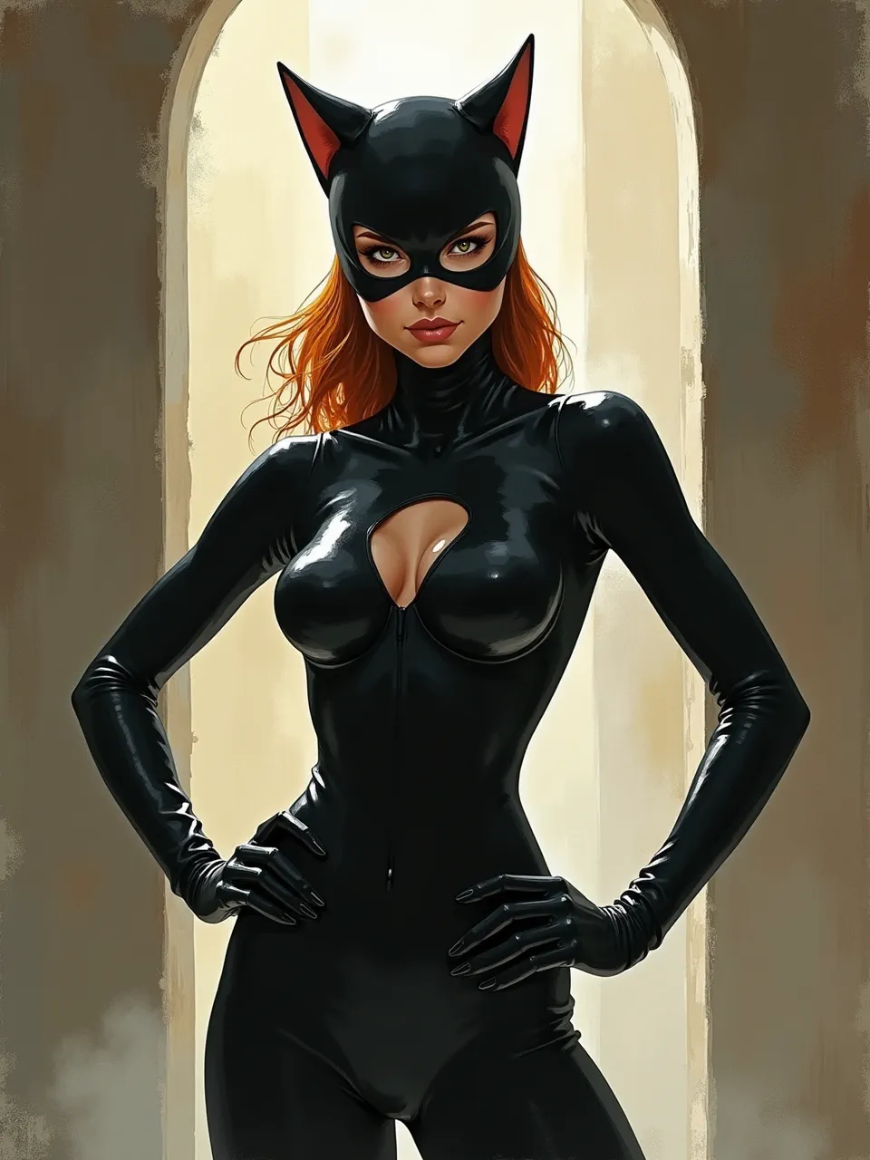 This Flux AI generated Catwoman, in Ian McQue's style, features vibrant lighting and glossy latex textures. This striking digital painting captures realistic reflections and intense character focus.