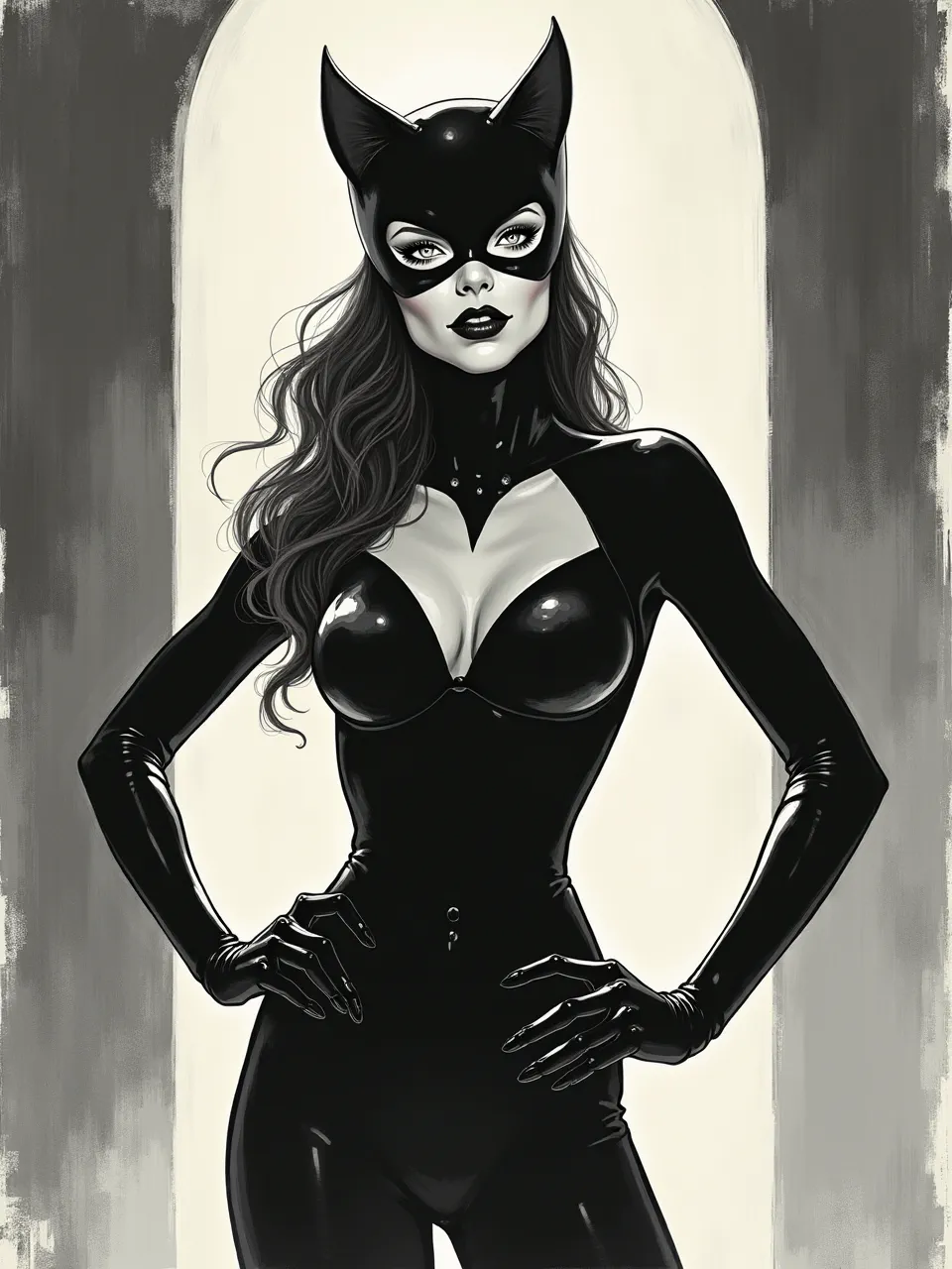 This Flux AI Catwoman, in a slick Ian Miller interpretation, features dramatic lighting on glossy latex textures. This digital ink medium highlights stark contrasts and smooth, detailed surfaces.