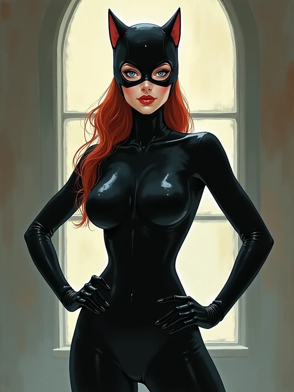 Ilya Kuvshinov's Catwoman shines in this digital illustration. Expert lighting emphasizes glossy latex textures, showcasing her sleek silhouette with vibrant, illustrative artistry.