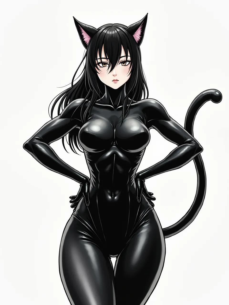 This stunning digital illustration presents Catwoman, channeling Inoue Takehiko's detailed manga style. It showcases brilliant lighting and high-sheen, glossy textures on her iconic suit.