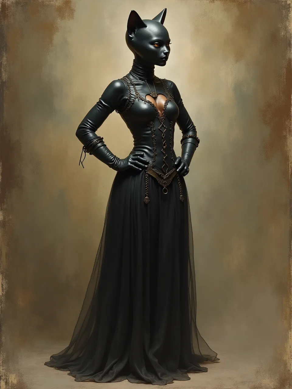 This AI digital painting masterfully fuses Ivan Aivazovsky's dramatic lighting with Catwoman, highlighting rich leather and flowing sheer fabric textures in a classical, captivating style.