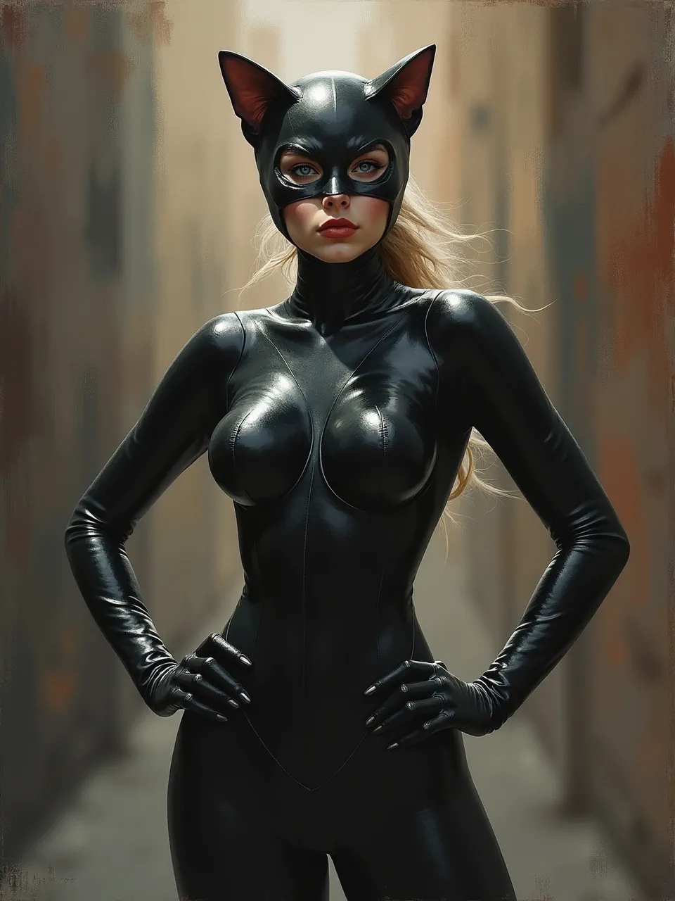 This Ivan Albright-inspired Catwoman portrait exhibits dramatic lighting accentuating her suit's glossy, meticulously detailed textures. This striking digital painting captures intricate surfaces with artistic depth.