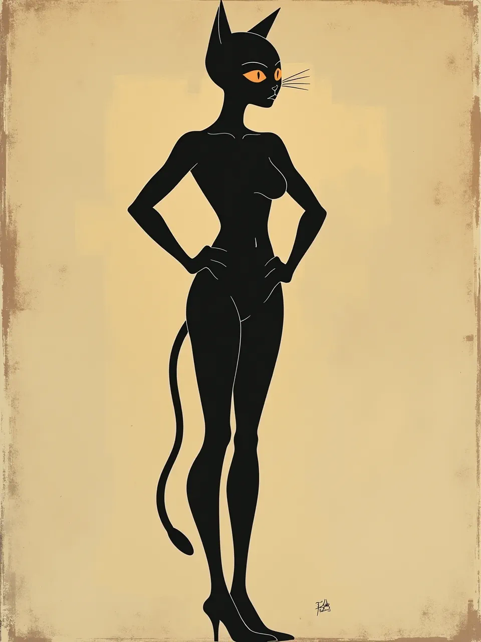 This Ivan Chermayeff-inspired Catwoman digital art features dramatic silhouette lighting, showcasing sleek, smooth figure textures against a contrasting distressed vintage poster medium.