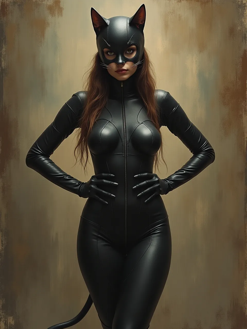 This Ivan Kramskoi-inspired Catwoman oil portrait masterfully uses dramatic lighting to highlight rich leather textures and a realistic painterly background, blending classic art with modern mystery.