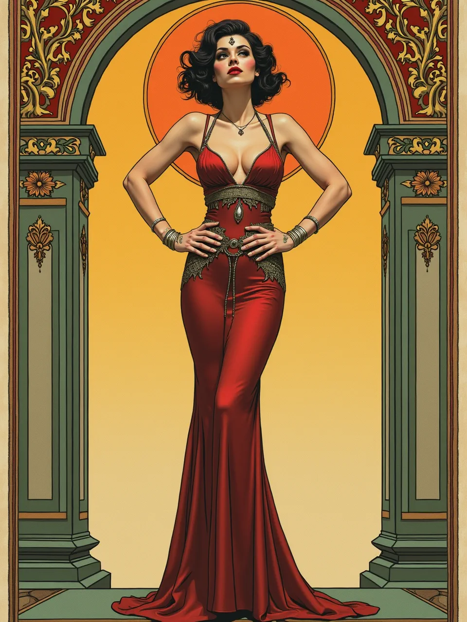This Catwoman generation, in J.C. Leyendecker art nouveau, features exquisite lighting on flowing, silky textures. The digital painting artistic medium expertly captures vintage poster elegance.